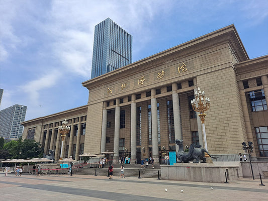 Hebei Museum stone facade with tall columns, Chinese museum name and entrance steps