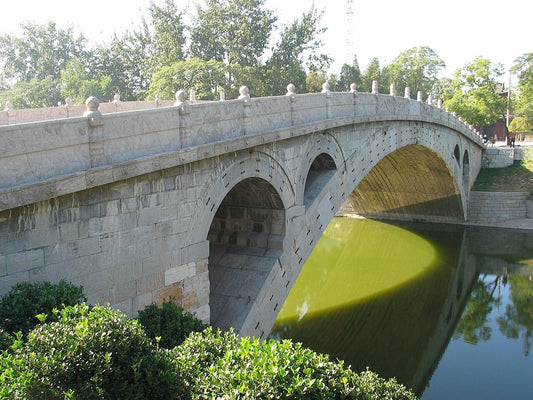 Zhaozhou Bridge main arch and smaller shoulder openings above the water in Zhao County