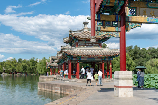 Waterside pavilions and a stone walkway at Chengde Mountain Resort