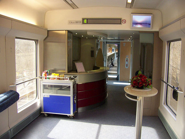 Counter and seating inside a China Railways NDJ3 train dining car