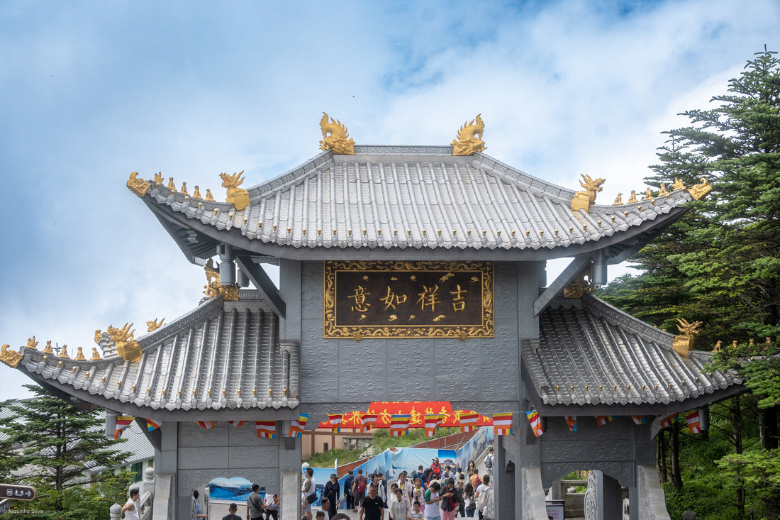 Golden Summit buildings and mountain landscape at Mount Emei