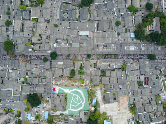 Aerial view of tiled roofs, courtyards and intersecting streets in Fuzhou Sanfang Qixiang