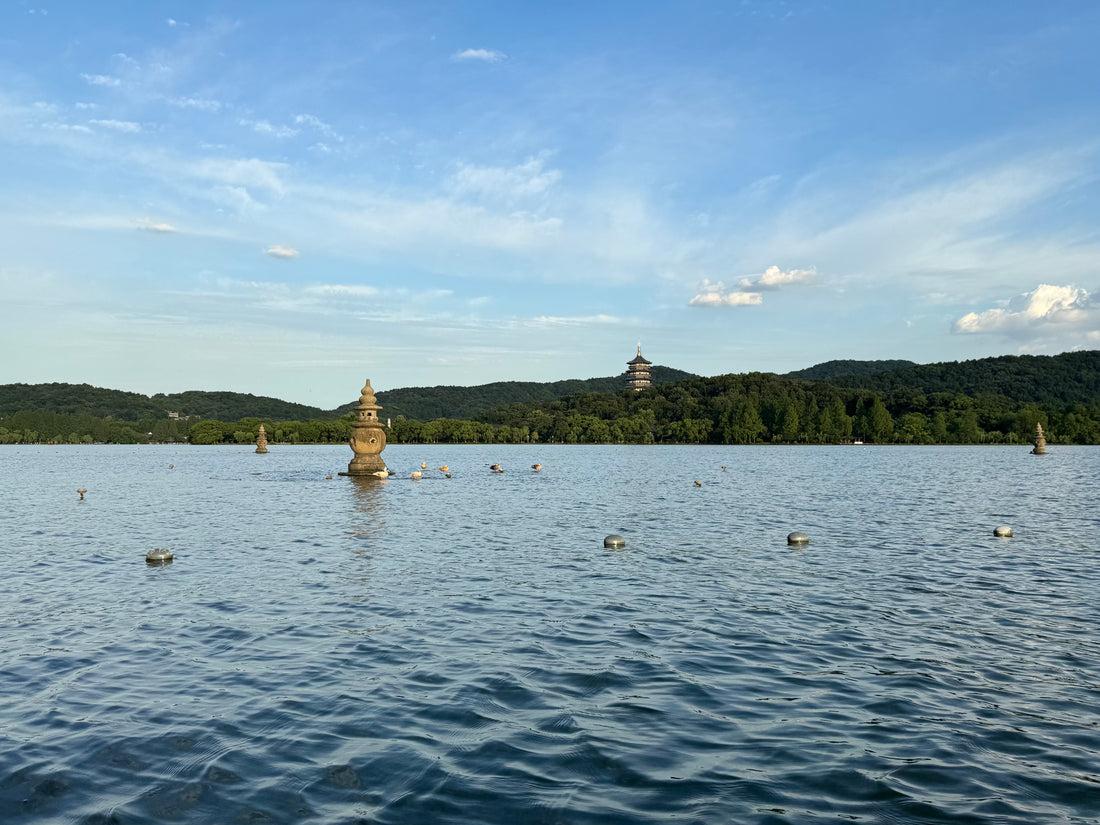 West Lake in Hangzhou with boats and Leifeng Pagoda in the distance
