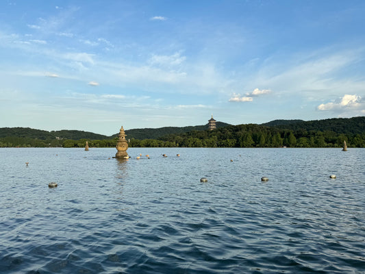West Lake in Hangzhou with boats and Leifeng Pagoda in the distance
