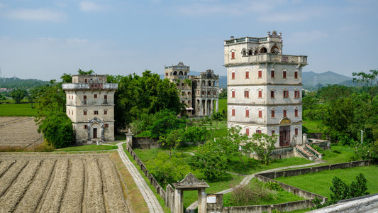 Fortified diaolou towers beside fields in Zili Village, Kaiping