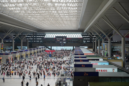 Concourse at Zhengzhou East Railway Station viewed from an upper level
